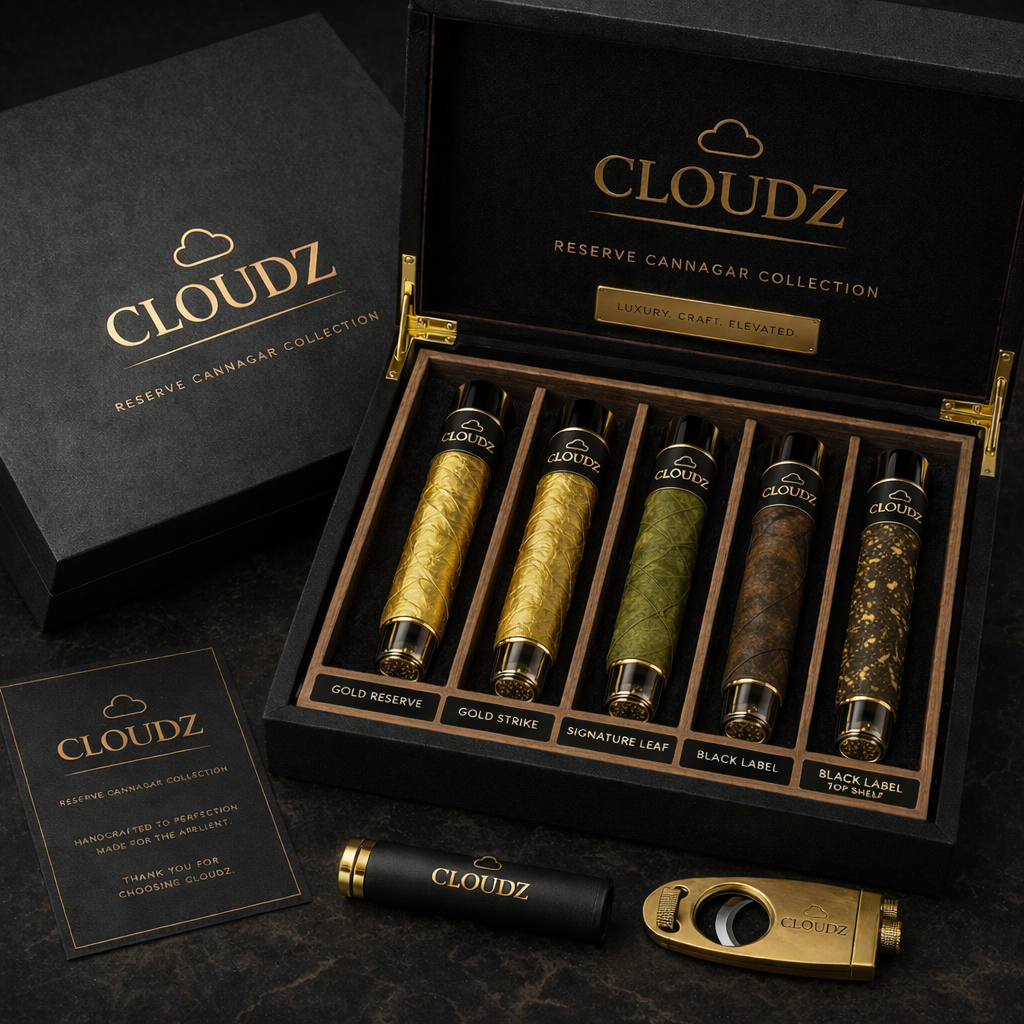 CLOUDZ Reserve Cannagar Collection — box of five presented in matte black humidor with gold detailing
