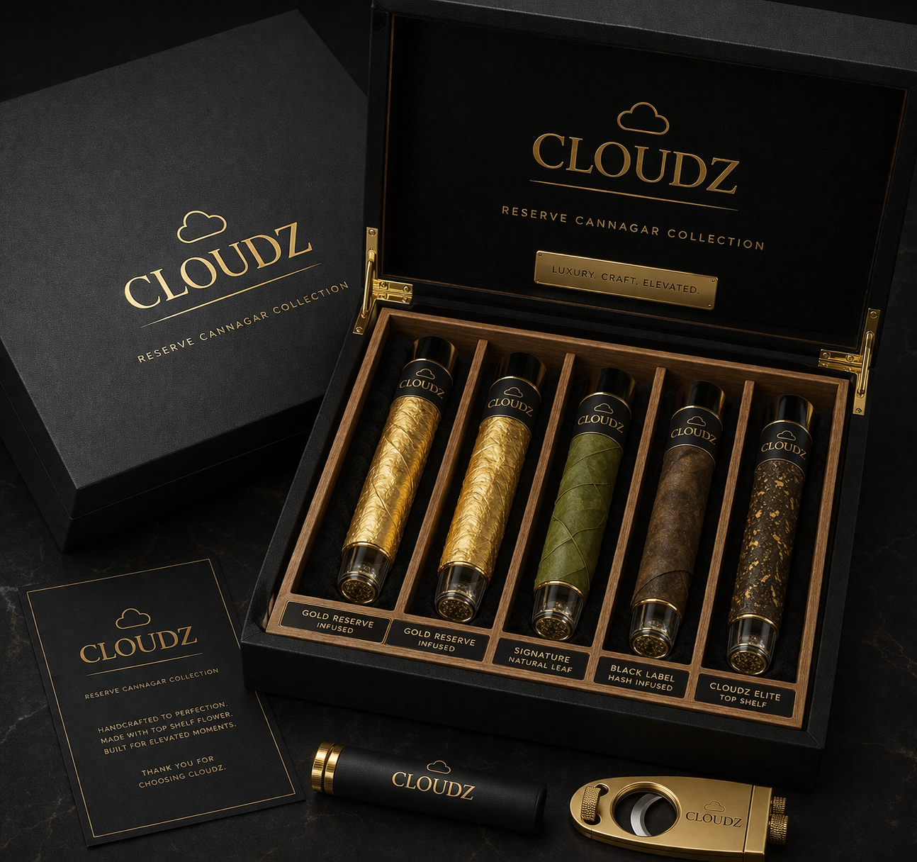CLOUDZ Reserve Cannagar Collection — box of five presented in matte black humidor with gold detailing